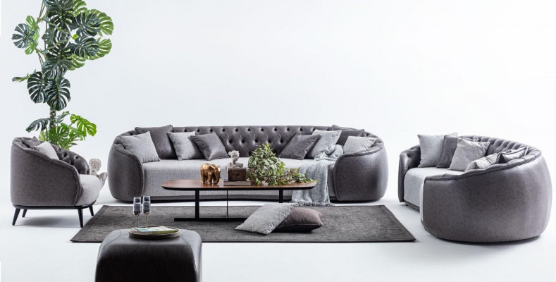Luxe villa meubels Grijze Chesterfield bankstel Stoffen banken Textiel 4+3+1