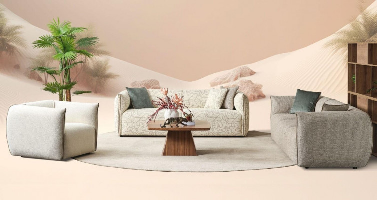 Bankstel Driepersoons Fauteuil Bank Stof Beige Stoffen Bankstel Vierpersoons 4+3+1