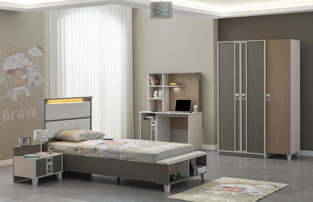 Set kinderkamer bed kinderbed kindermeubels grijs hout 4-delig