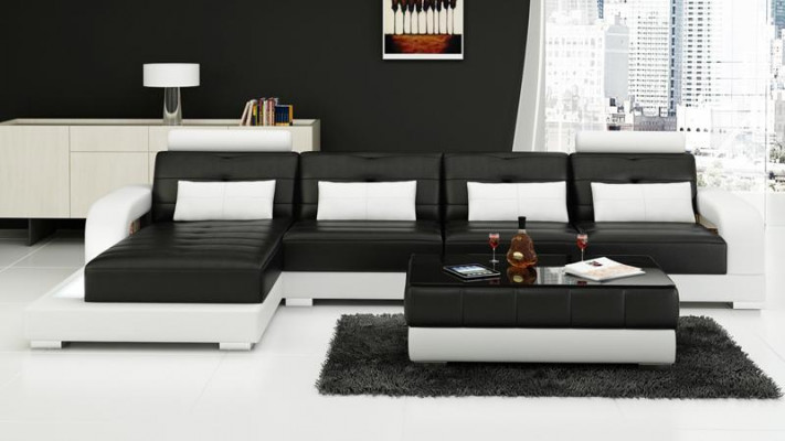 Hoekbank van leer + salontafel Hoekbank Bank Stoffering Woonlandschap Hoek