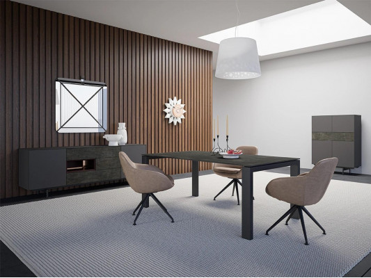 Ontwerper Eetkamer Eettafel Set Stoelen Metaal Textil Eethoek Kast