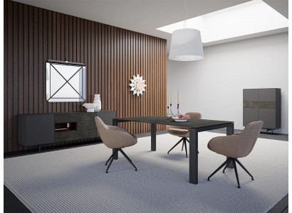 Ontwerper Eetkamer Eettafel Set Stoelen Metaal Textil Eethoek Kast