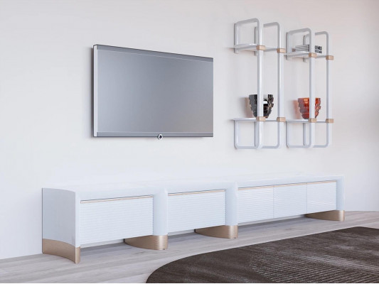 Woonkamer houten meubels tv-standaard Design 2x wandplanken Modern inrichting