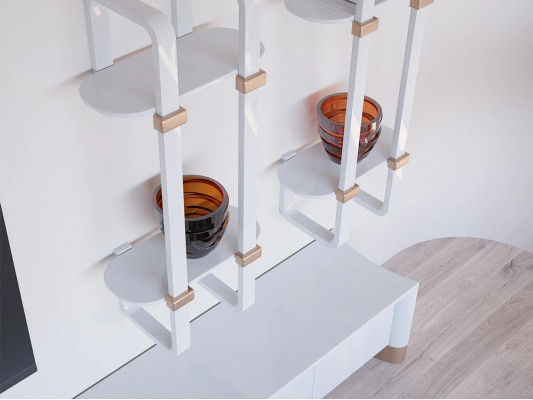 Woonkamer houten meubels tv-standaard Design 2x wandplanken Modern inrichting