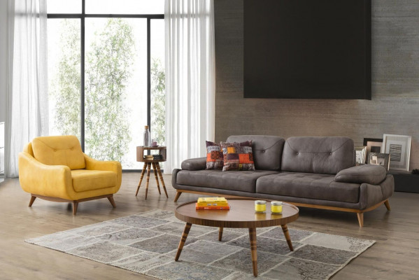 Designer Grijze-Gele Loungeset Luxe Fauteuil Moderne Driepersoonsbank 2-delig