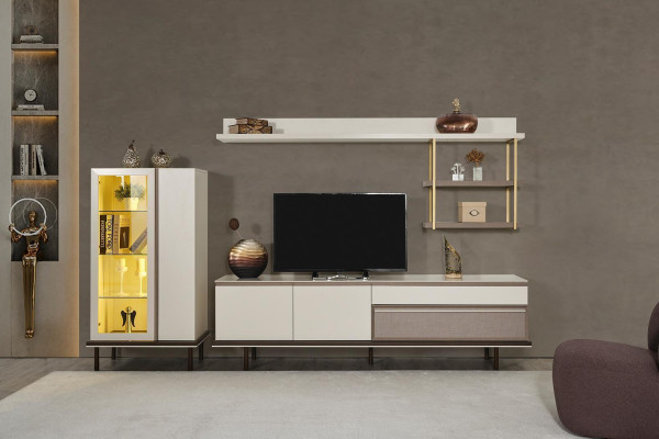 Witte woonkamerset Designer TV-standaard Luxe LED-vitrine Houten rek