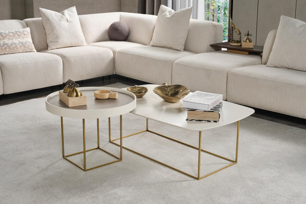 Woonkamer salontafelset ontwerper ronde tafel halfronde roestvrijstalen tafel