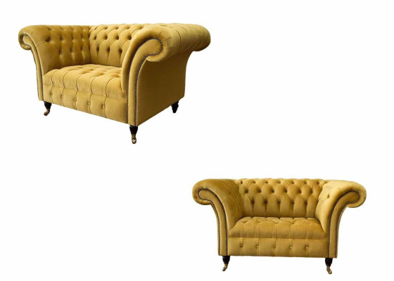 Fauteuil Chesterfield Meubelset 2x Eenzitter Set Bank Sofa Geel Textiel