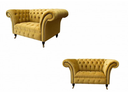 Fauteuil Chesterfield Meubelset 2x Eenzitter Set Bank Sofa Geel Textiel