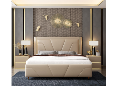 Slaapkamer bed gestoffeerd design meubels luxe tweepersoons beige bedden modern