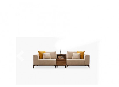 Luxe woonkamerbank in modern design met hout en textiel, tweezits.