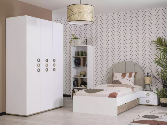 Jongerenbed set kinderkamer nachtkastje bed hout wit set 4-delig