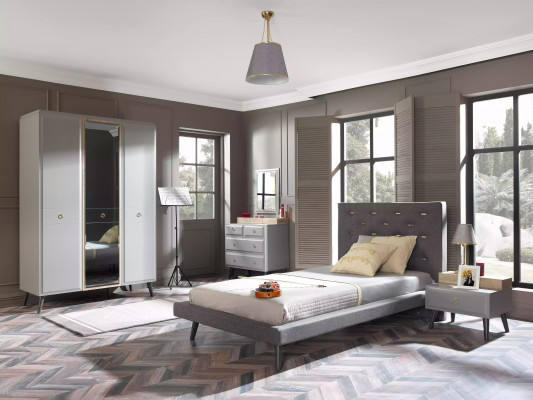 Kindermeubels Bed Compleet tienerbed Kinderkamer Hout Grijs Set 4-delig