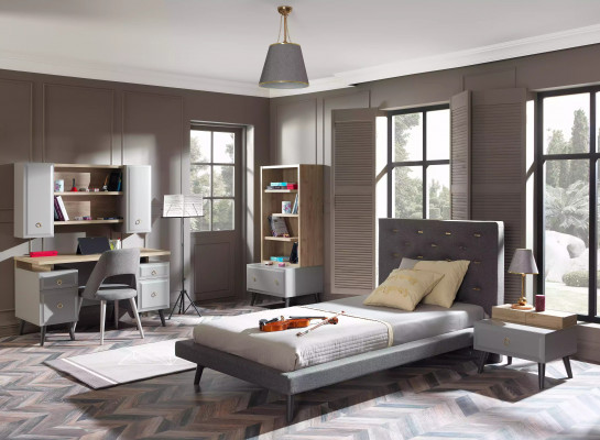 Compleet kinderbed kindermeubilair kinderkamer bed hout grijs set 5-delig