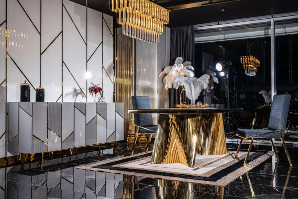 Eetkamer set stoelen eettafel dressoir tafels 6-delig roestvrij staal goud