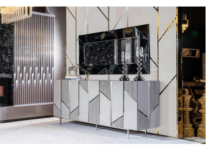 Woonkamer set dressoir spiegel meubel groep 2-delig commode grijs