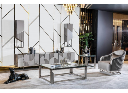 Stel tv-standaard fauteuil salontafel bijzettafel woonkamer 4-delig grijs nieuw