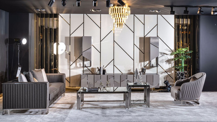 Stel tv-standaard fauteuil salontafel bijzettafel woonkamer 4-delig grijs nieuw