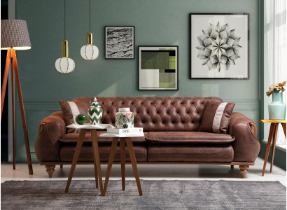 Chesterfield driezits bruine bank gestoffeerd meubilair textiel banken stof.