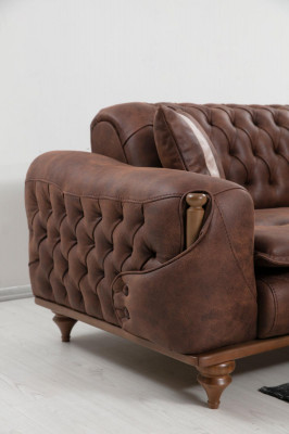 Chesterfield driezits bruine bank gestoffeerd meubilair textiel banken stof.