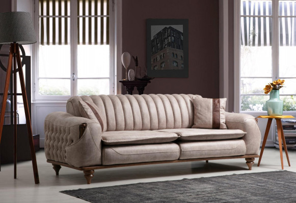 Beige driezits Chesterfield bankstel gestoffeerd meubilair textiele banken stof