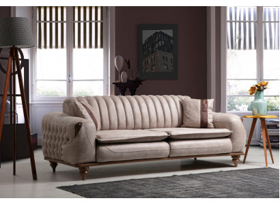 Beige driezits Chesterfield bankstel gestoffeerd meubilair textiele banken stof
