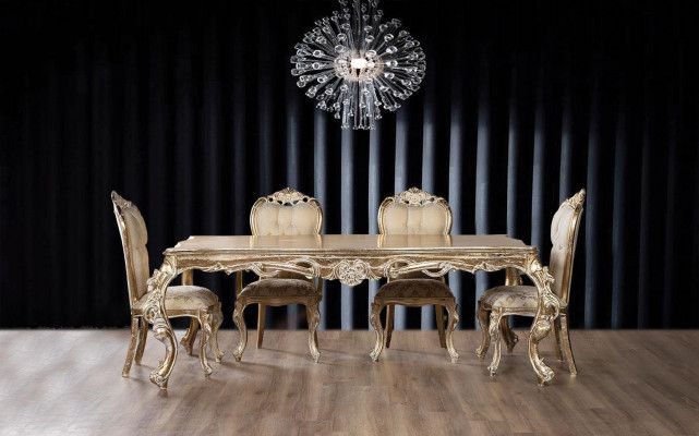 Gouden eetkamerset Ontwerper Rechthoekige eettafel met x4 Chesterfield stoelen 5-delige set