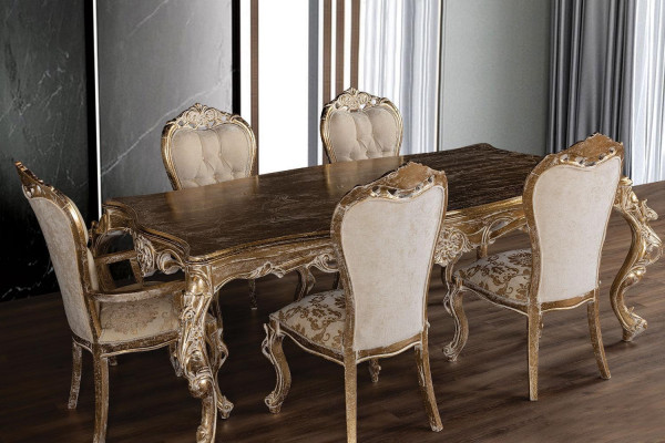 Gouden eetkamerset Ontwerper Rechthoekige eettafel met x4 Chesterfield stoelen 5-delige set