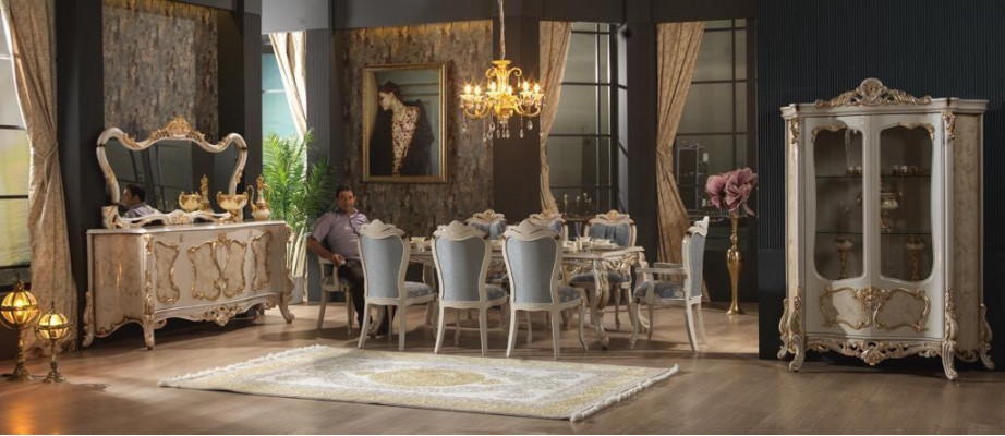 Gouden eetkamerset Ontwerper Rechthoekige eettafel met x4 Chesterfield stoelen 5-delige set