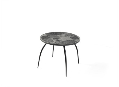 Originele zwarte ronde salontafel met een gesneden tafelblad.