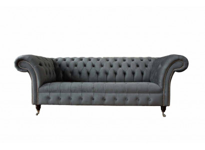 Engelse Chesterfield Bank Bank Kantoor Meubilair Driezits Fluweel 230cm Grijs