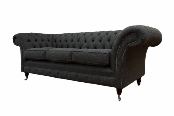 Chesterfield stoffen ontwerpbank luxueuze grijze 3-zitsbank.
