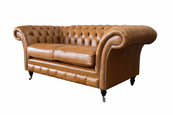 Chesterfield tweezitsbank 2-zitsbanken Gestoffeerde zitbank van bruin leer  Chesterfield twee zits bank 2-zitsbanken Gestoffeerde bank van bruin leer