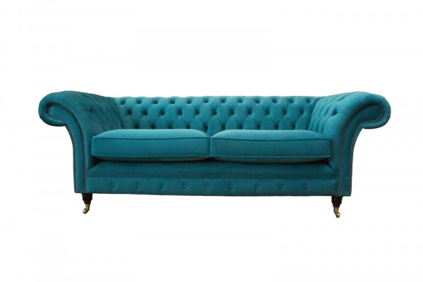 Chesterfield driepersoons blauw stoffen woonkamer design bankstel