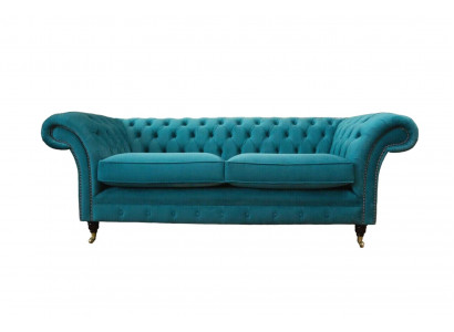 Chesterfield driepersoons blauw stoffen woonkamer design bankstel