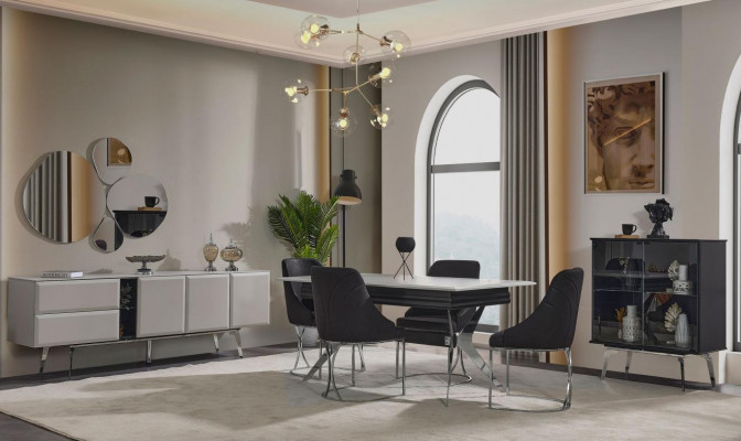 Luxe eetkamer Zwart Grijs Eettafel 6x Stoelen Dressoir Eetkamerset 9-delig.