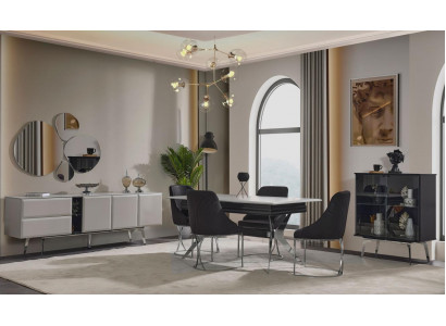 Luxe eetkamer Zwart Grijs Eettafel 6x Stoelen Dressoir Eetkamerset 9-delig.
