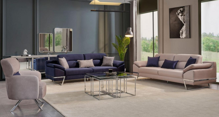Luxe bankstel 3-zitsbank 2-zitsbank fauteuil stof blauw modern
