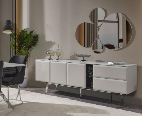 Sideboard met spiegel, witte commode, console tafel, moderne houten set.