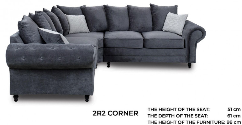 Moderne hoekbank in grijze stof, in L-vorm.