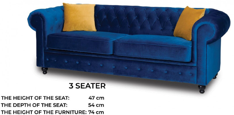 Bankstellen bekledde bankstellen 3-zits Chesterfield textielbank Blauw Klassiek Ontwerper Nieuw