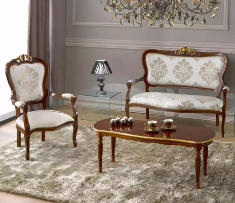 Klassieke zitkamer set Tweepersoons fauteuil Salontafel Designer houten meubels