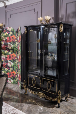 Meubel glazen kast luxe vitrine houten vitrines kasten planken zwart