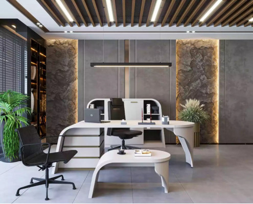 Wit kantoor set Chef bureau Ovaal salontafel Archiefkast Plank 3-delig.