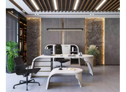 Wit kantoor set Chef bureau Ovaal salontafel Archiefkast Plank 3-delig.