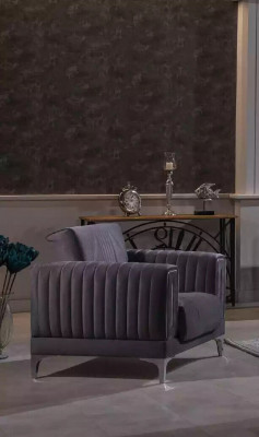 Grijze fauteuil gestoffeerde éénzits woonkamer meubels houten frame textiel