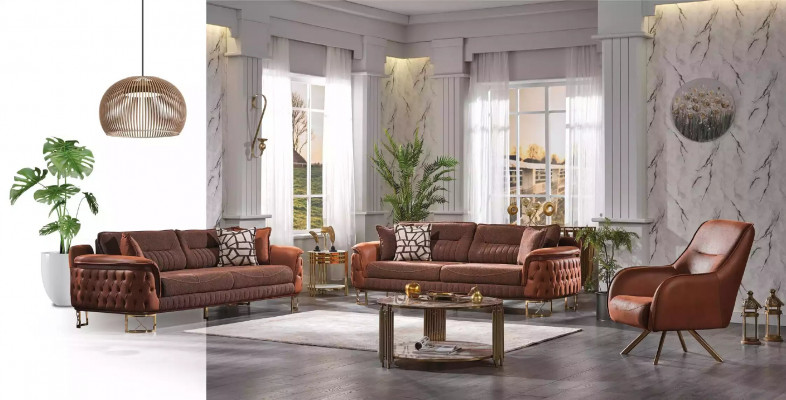 Bruine luxe Chesterfield bank 3-zits lederen bankstellen Moderne stijl.