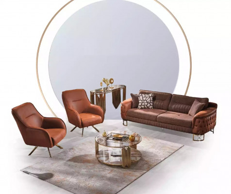 Bruine luxe Chesterfield bank 3-zits lederen bankstellen Moderne stijl.