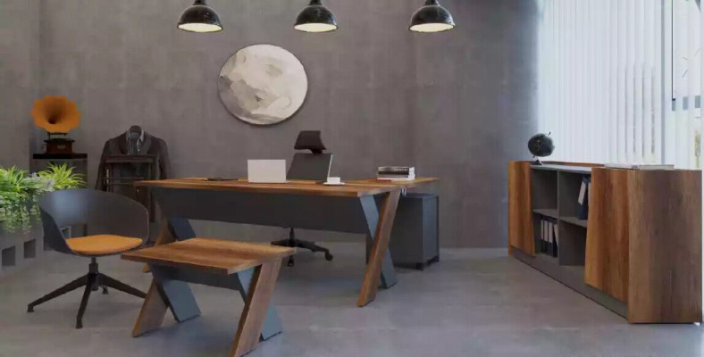 Werkkamer boekenkast kast houten plank vitrine bruin modern.