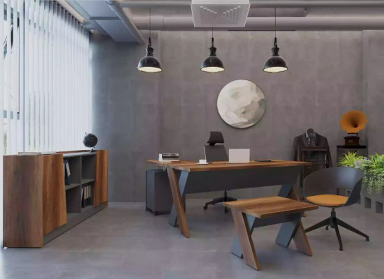 Werkkamer boekenkast kast houten plank vitrine bruin modern.